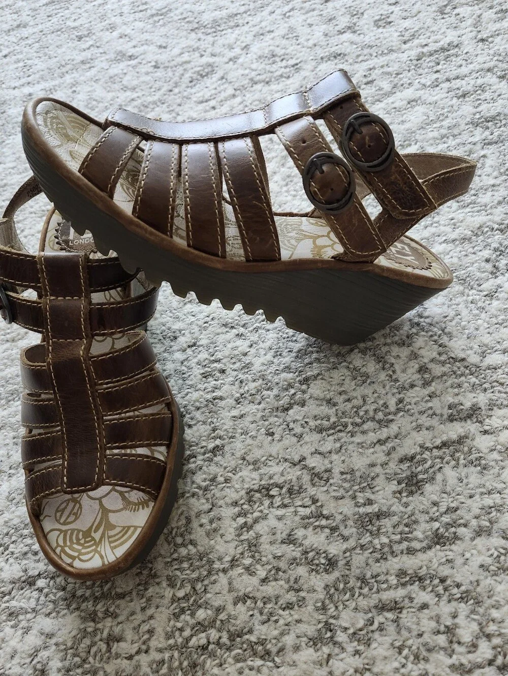 Fly London Women's Brown Leather Adjastable Wedge Sandals EU38 US7,5